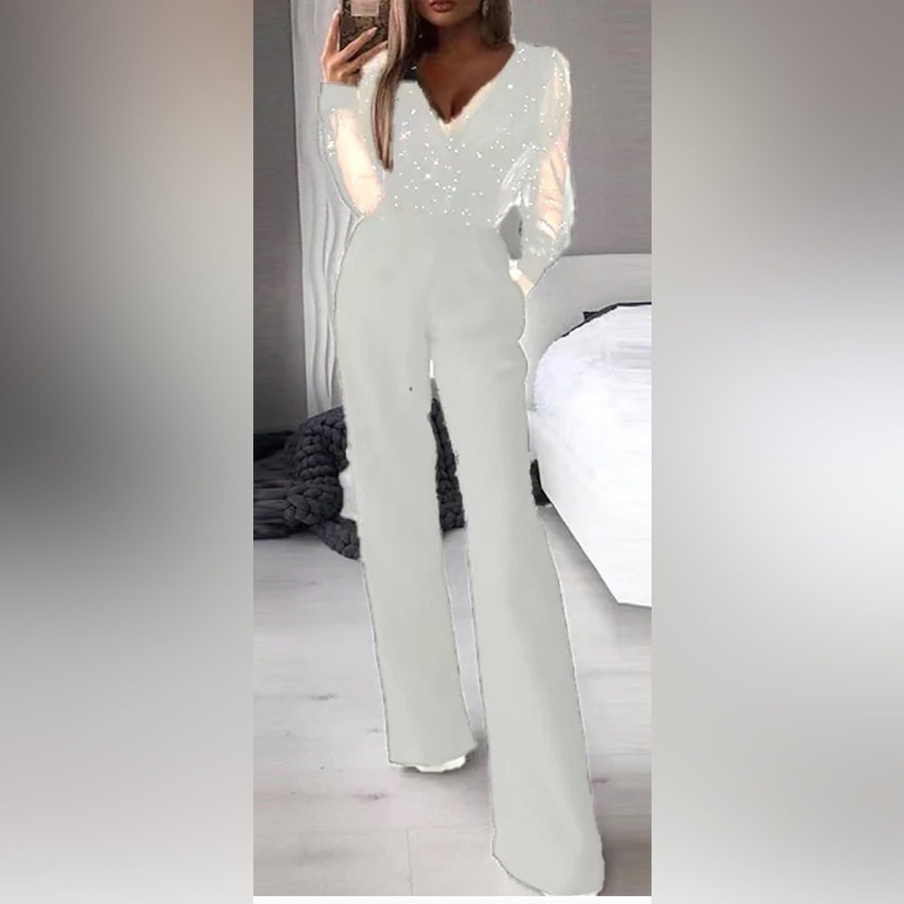 Women’s Jumpsuit Mesh Sequin Solid Color V Neck Elegant